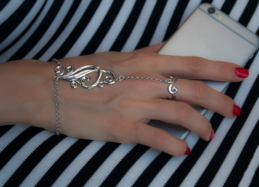 "Silver hand chain slave bracelet"